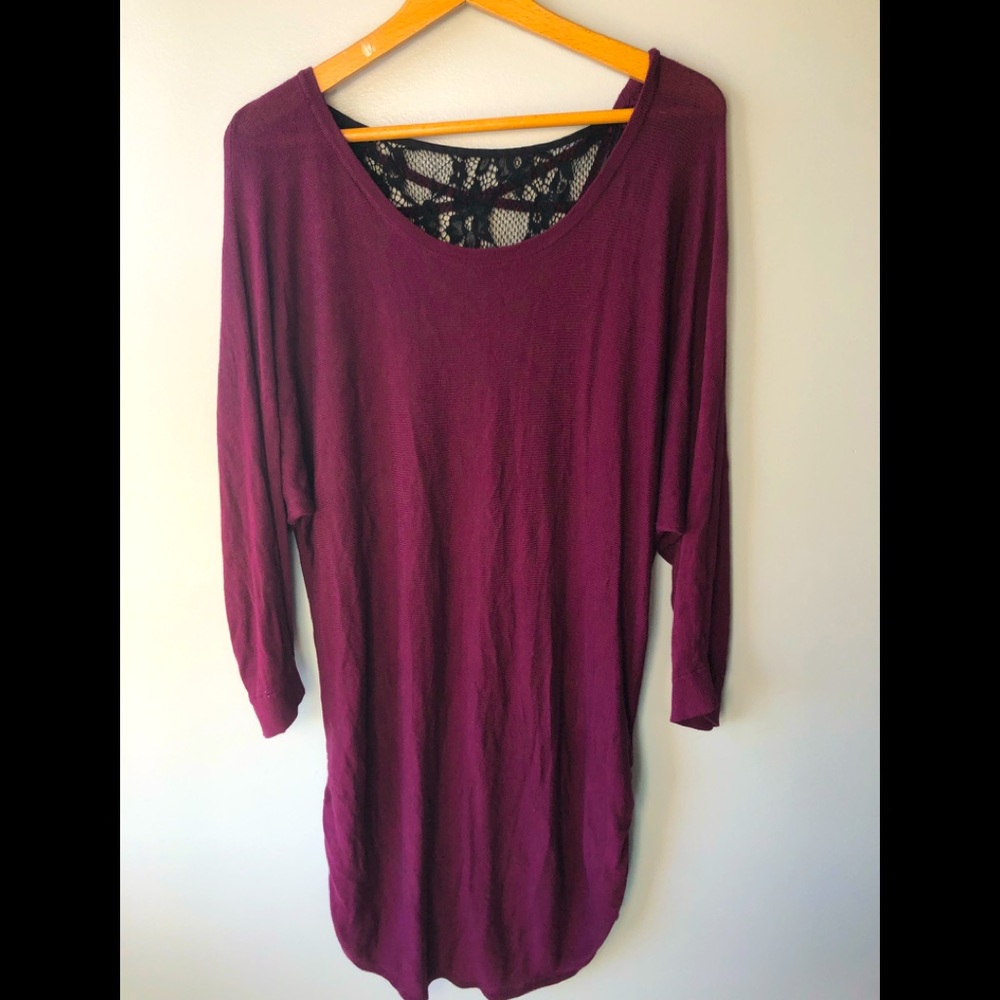 Torrid Plum Purple Tunic Top Lace Criss Cross Back Rouched sides Size 3